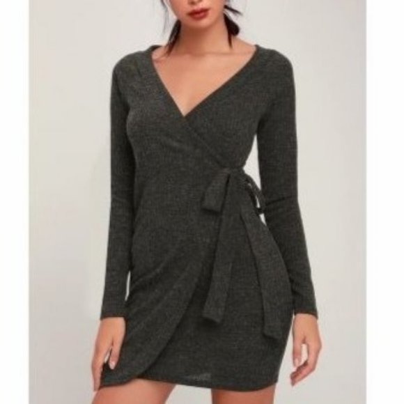 Lulu's Wrap Dress Gray Charcoal Long Sleeve Knit Stretch Womens XL - Picture 2 of 8